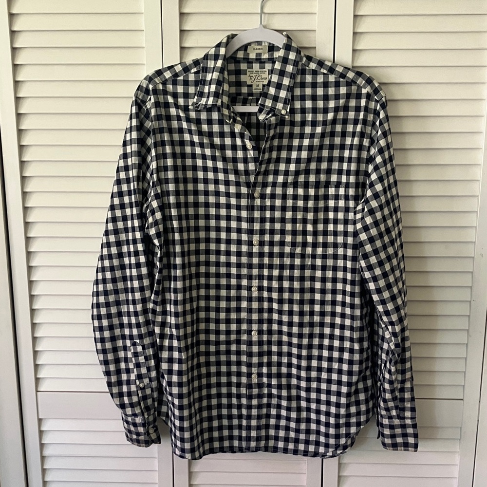 J.Crew Men's Secret Wash Shirt in navy & white gingham print size M cotton